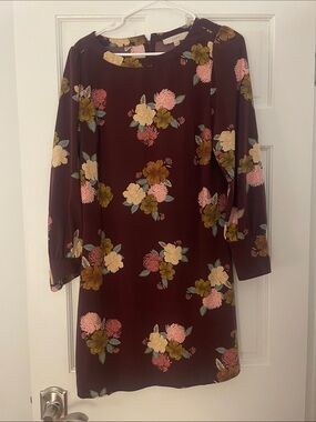 LOFT Burgundy Floral Long-Sleeve Shift Dress